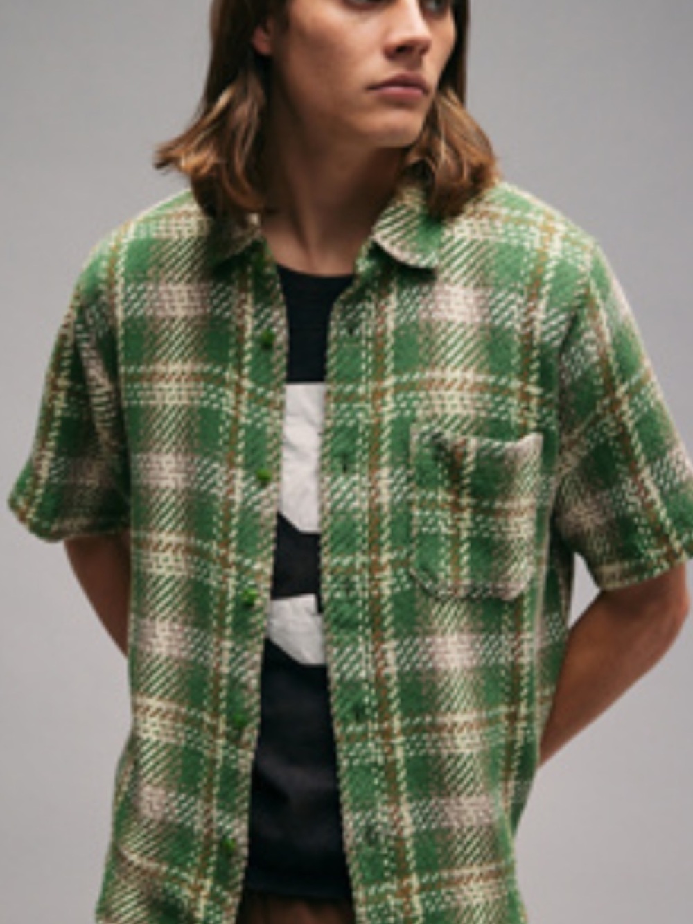 BDG Green Plaid Short-Sleeve Button-Down Shirt with White Accents